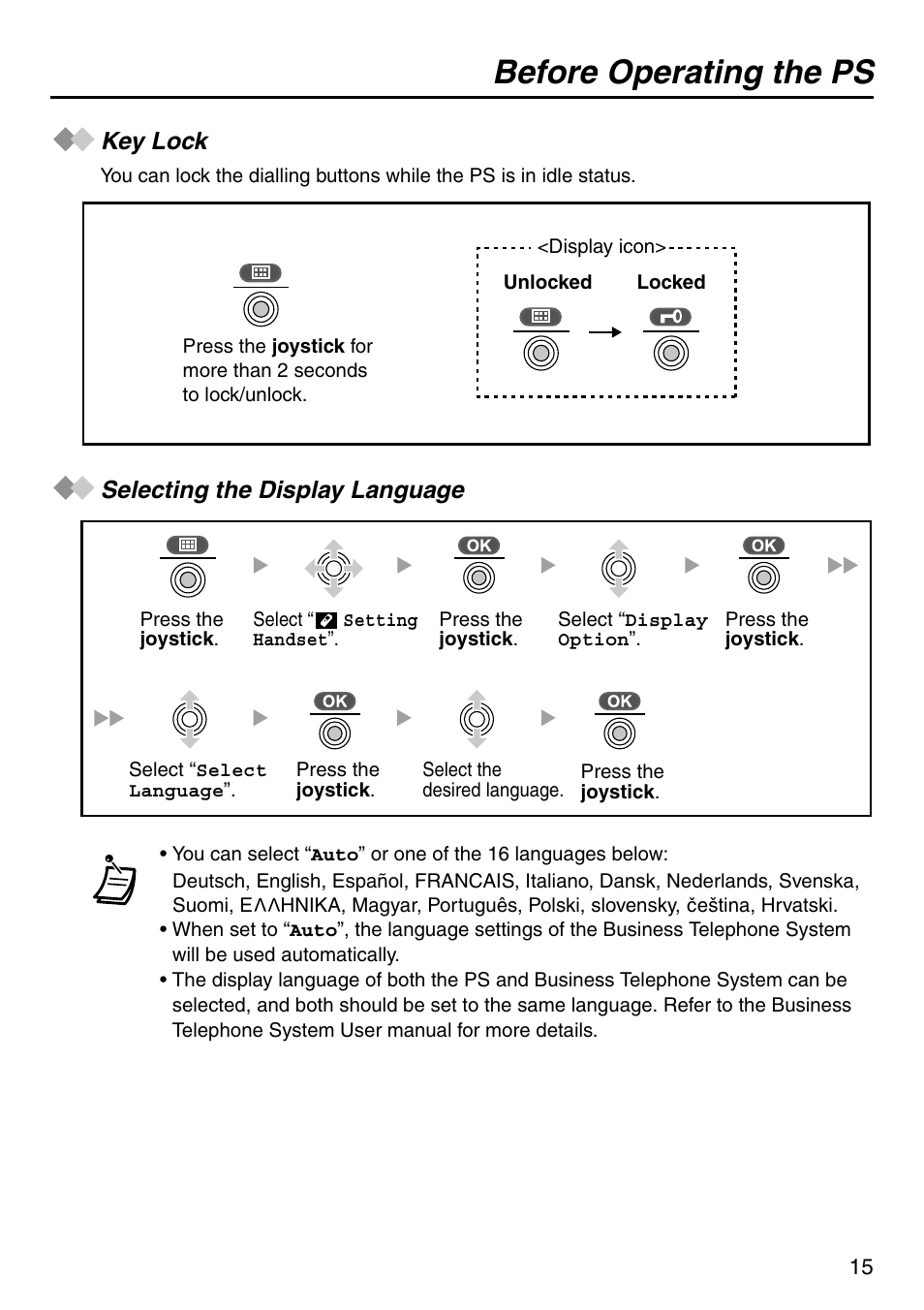 Key lock, Selecting the display language, Key lock selecting the display language | Before operating the ps | Panasonic KX-TCA256 User Manual | Page 15 / 56