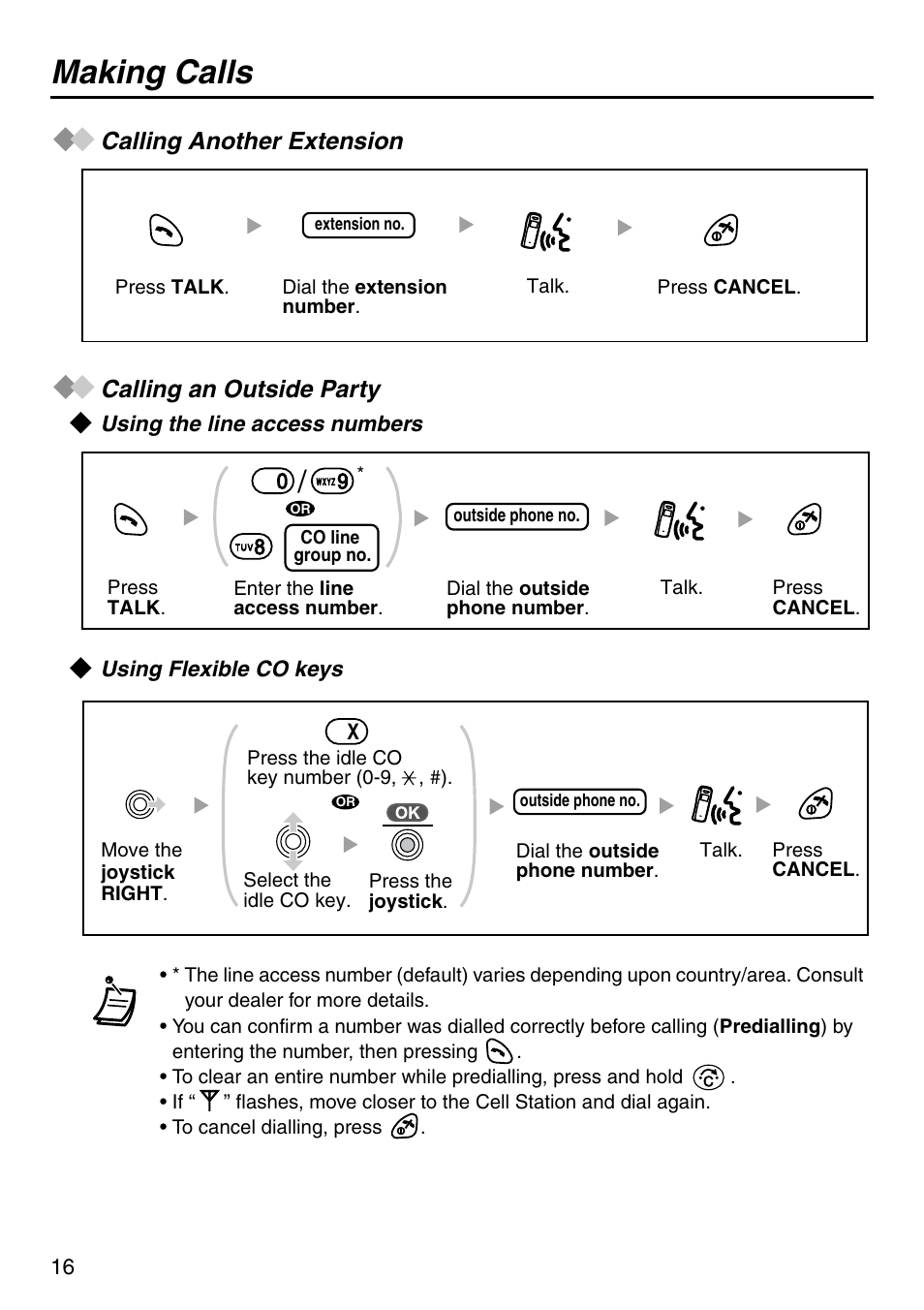 Making calls, Calling another extension, Calling an outside party | Using the line access numbers, Using flexible co keys, Calling another extension calling an outside party | Panasonic KX-TCA256 User Manual | Page 16 / 56