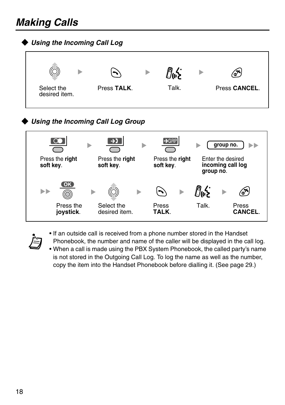 Using the incoming call log, Using the incoming call log group, Making calls | Panasonic KX-TCA256 User Manual | Page 18 / 56