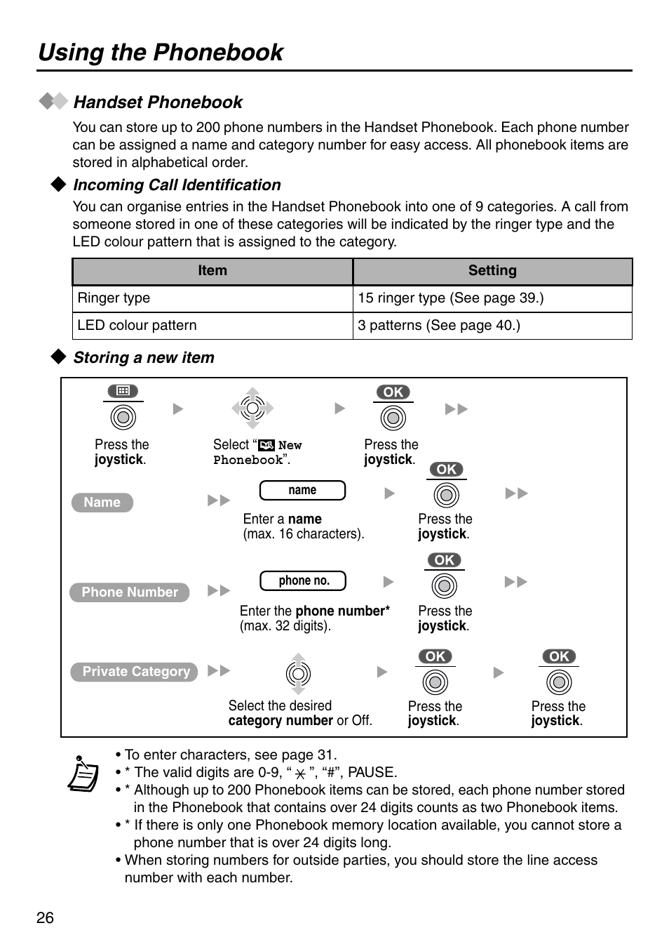 Using the phonebook, Handset phonebook, Incoming call identification | Storing a new item | Panasonic KX-TCA256 User Manual | Page 26 / 56
