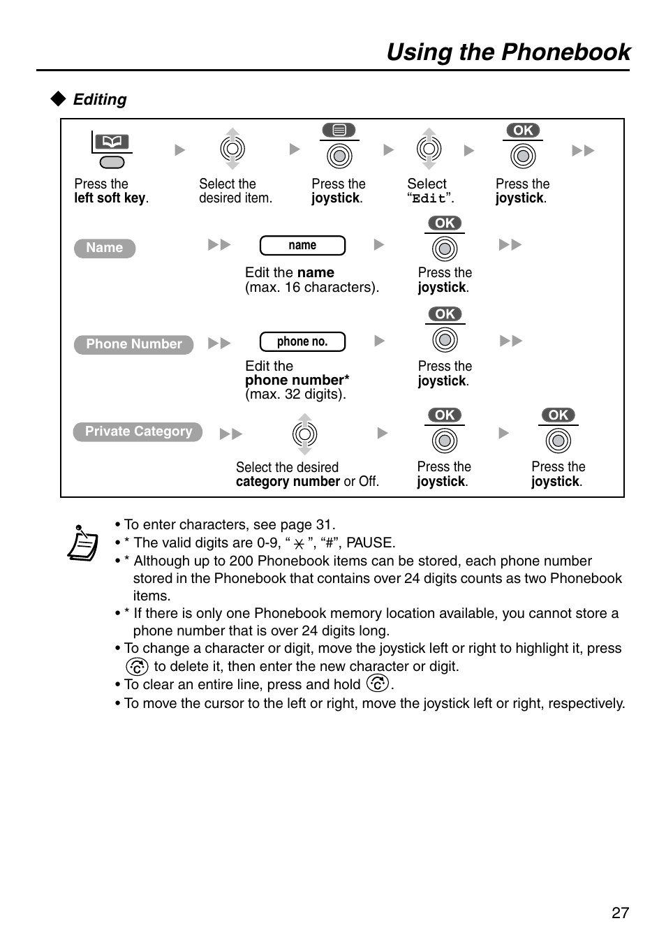Editing, Using the phonebook | Panasonic KX-TCA256 User Manual | Page 27 / 56