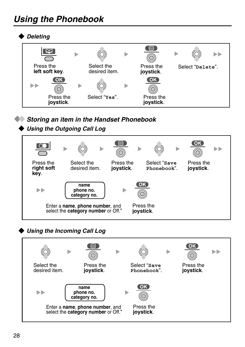 Deleting, Storing an item in the handset phonebook, Using the outgoing call log | Using the incoming call log, Using the phonebook | Panasonic KX-TCA256 User Manual | Page 28 / 56
