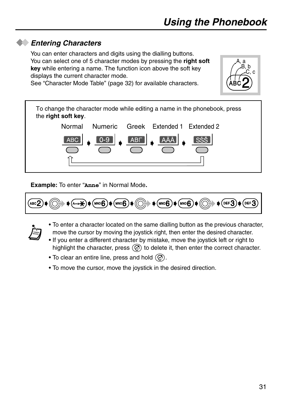 Entering characters, Using the phonebook | Panasonic KX-TCA256 User Manual | Page 31 / 56