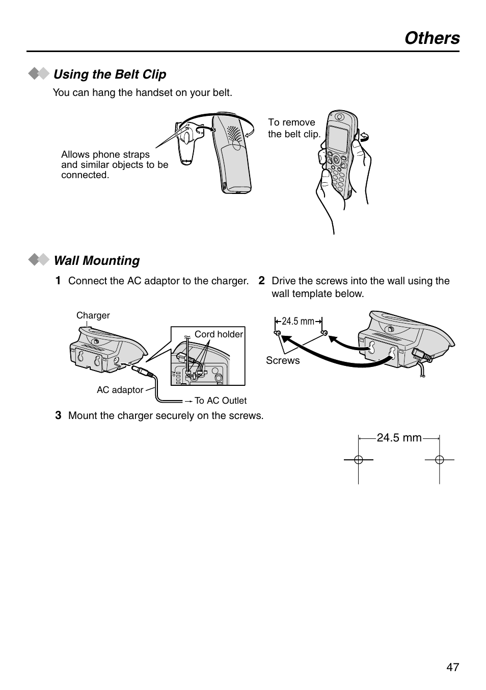 Using the belt clip, Wall mounting, Using the belt clip wall mounting | Others | Panasonic KX-TCA256 User Manual | Page 47 / 56