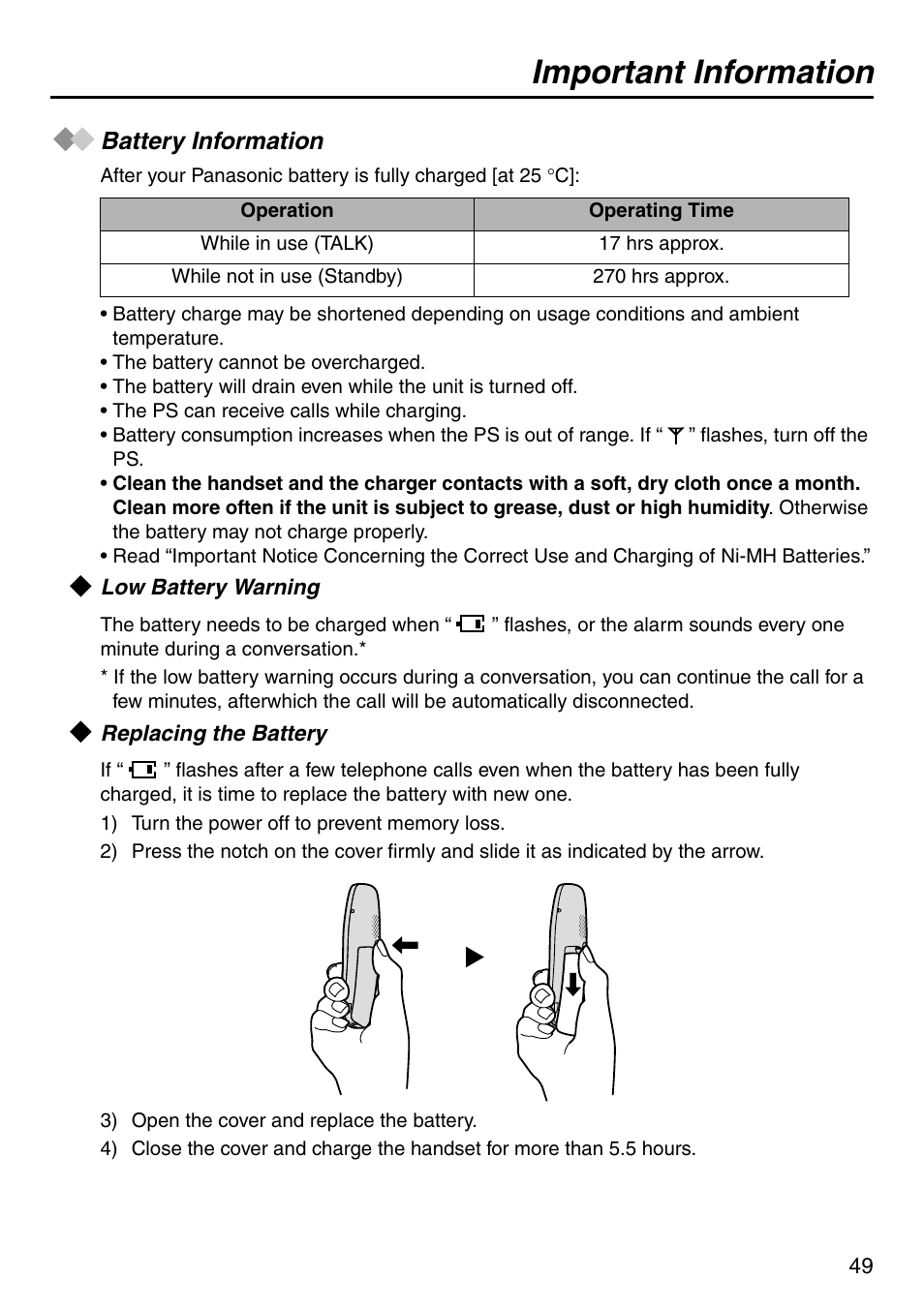 Important information, Battery information, Low battery warning | Replacing the battery | Panasonic KX-TCA256 User Manual | Page 49 / 56