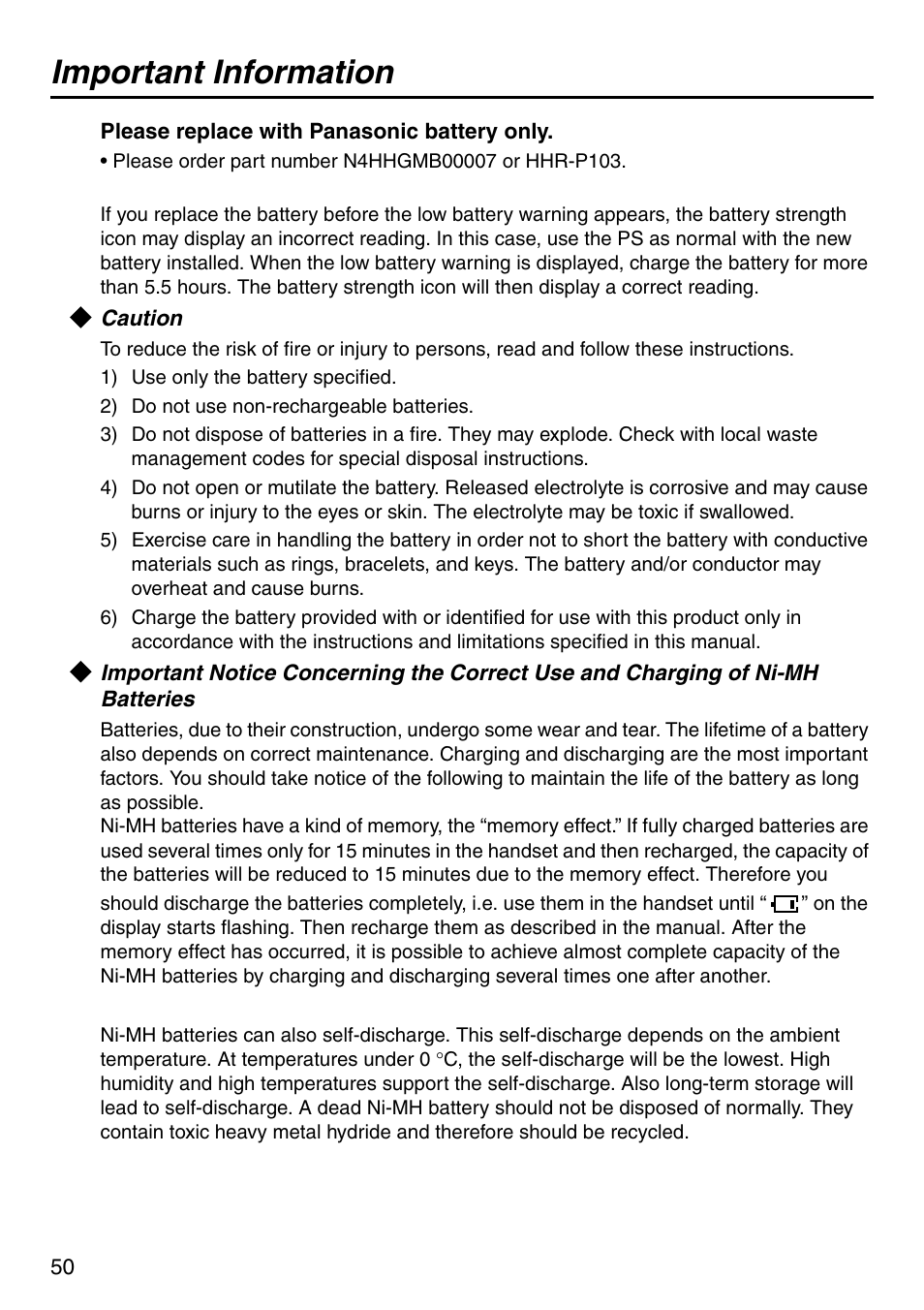 Caution, Important information | Panasonic KX-TCA256 User Manual | Page 50 / 56