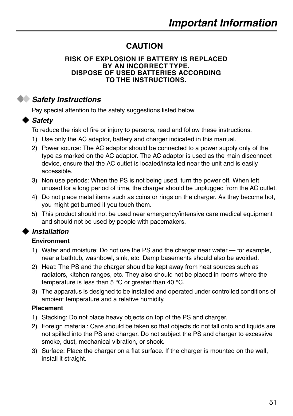 Safety instructions, Safety, Installation | Important information | Panasonic KX-TCA256 User Manual | Page 51 / 56