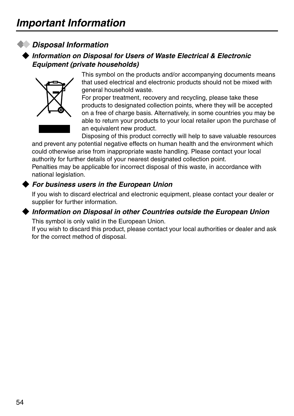 Disposal information, For business users in the european union, Important information | Panasonic KX-TCA256 User Manual | Page 54 / 56