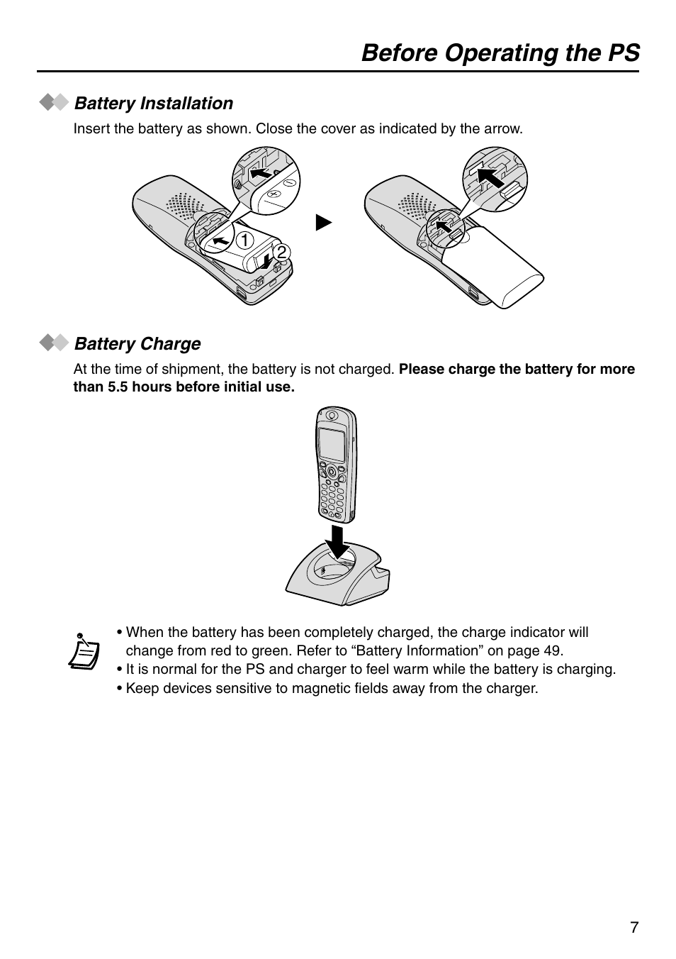 Battery installation, Battery charge, Battery installation battery charge | Before operating the ps | Panasonic KX-TCA256 User Manual | Page 7 / 56