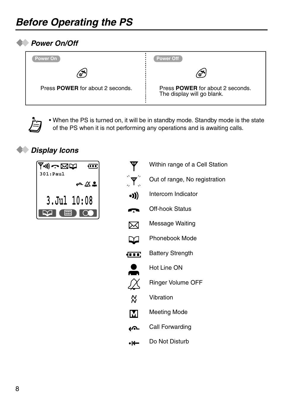 Power on/off, Display icons, Power on/off display icons | Jul 10:08, Before operating the ps | Panasonic KX-TCA256 User Manual | Page 8 / 56