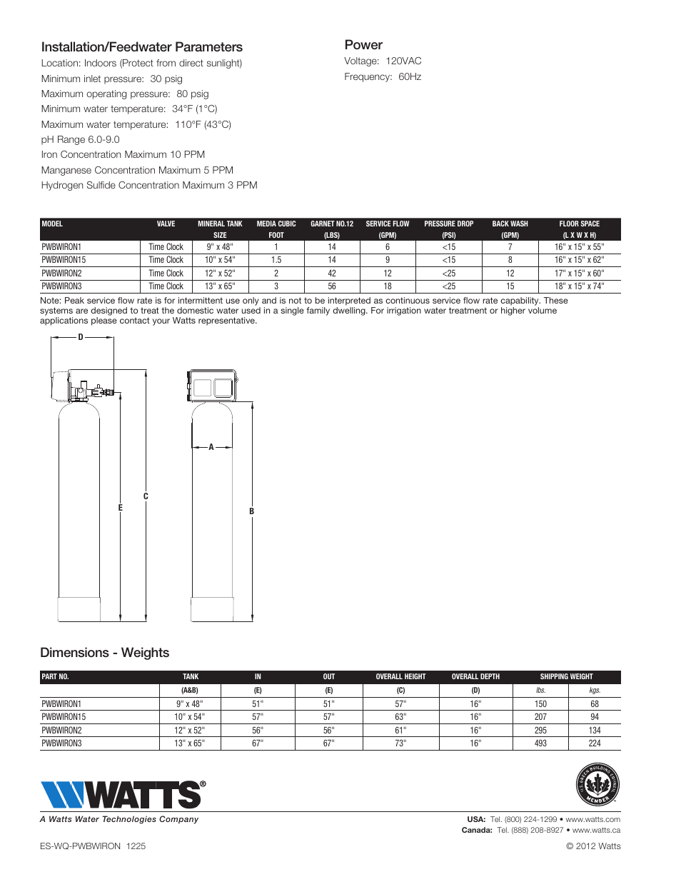 Installation/feedwater parameters, Dimensions - weights, Power | Watts PWBWIRON User Manual | Page 2 / 2