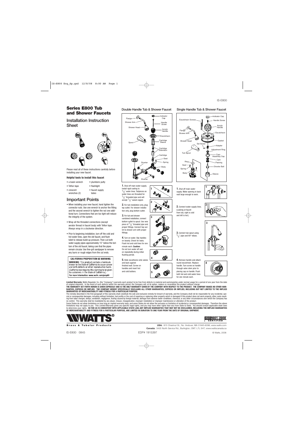 Watts E820 User Manual | 2 pages