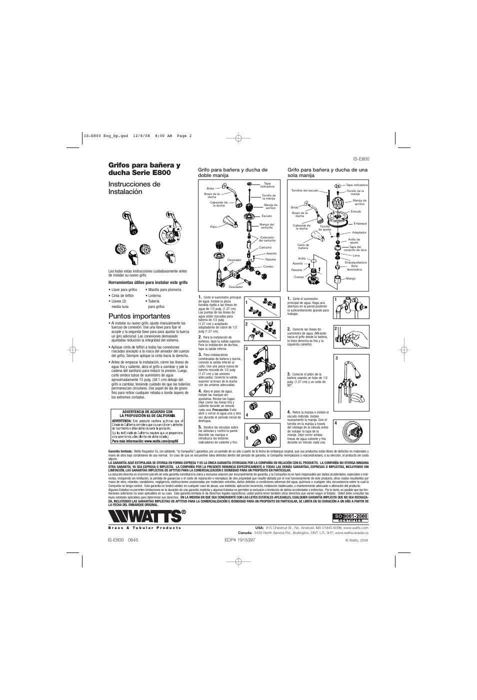 Puntos importantes | Watts E820 User Manual | Page 2 / 2
