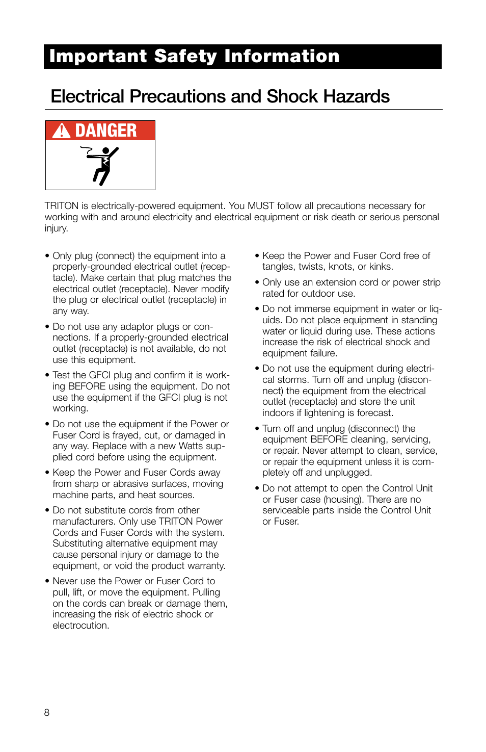 Electrical precautions and shock hazards, Danger, Important safety information | Watts TRCU-M1 User Manual | Page 10 / 56