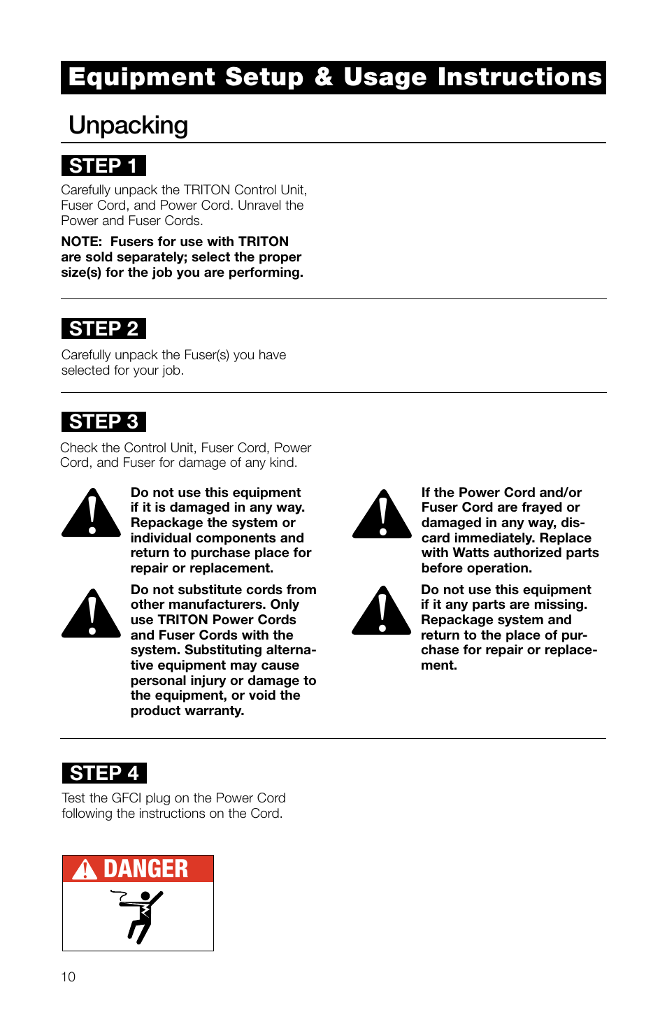 Unpacking, Danger, Equipment setup & usage instructions | Watts TRCU-M1 User Manual | Page 12 / 56