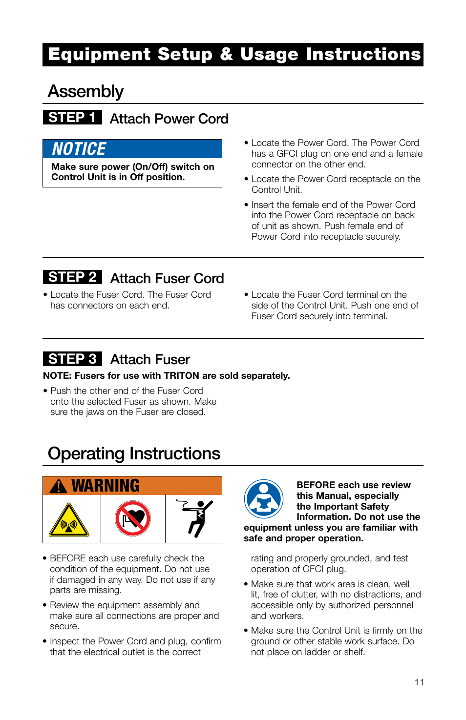 Assembly, Operating instructions, Notice | Warning, Equipment setup & usage instructions, Attach power cord, Attach fuser, Attach fuser cord, Step 1 step 2 step 3 | Watts TRCU-M1 User Manual | Page 13 / 56