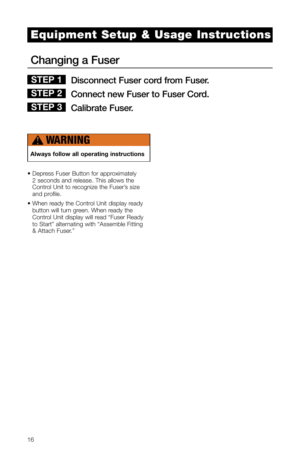 Changing a fuser, Warning, Equipment setup & usage instructions | Step 1 step 2 step 3 | Watts TRCU-M1 User Manual | Page 18 / 56