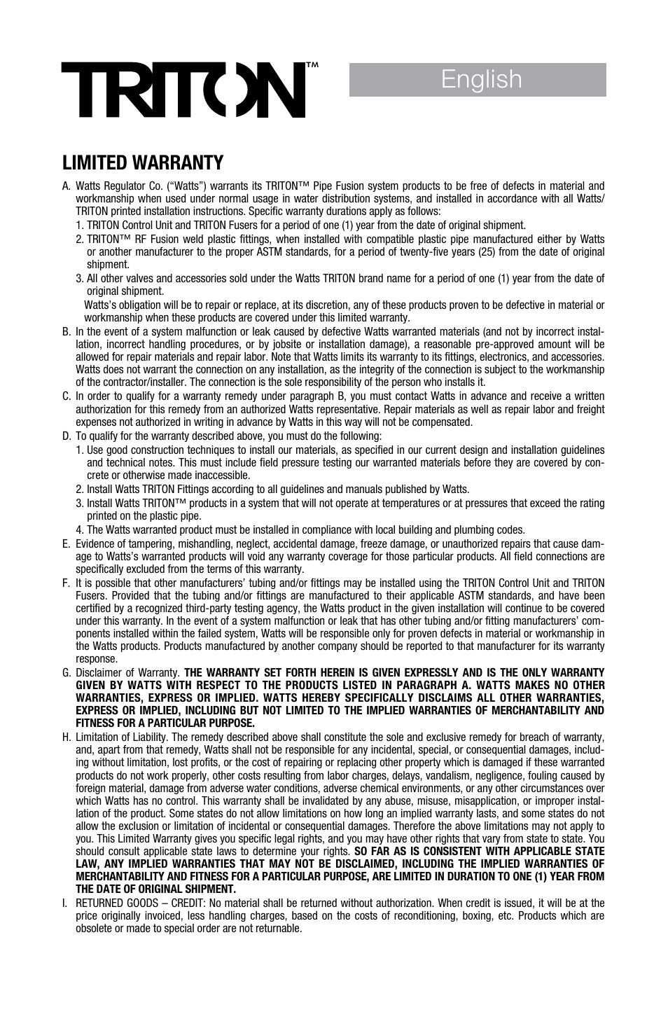 English, Limited warranty | Watts TRCU-M1 User Manual | Page 2 / 56