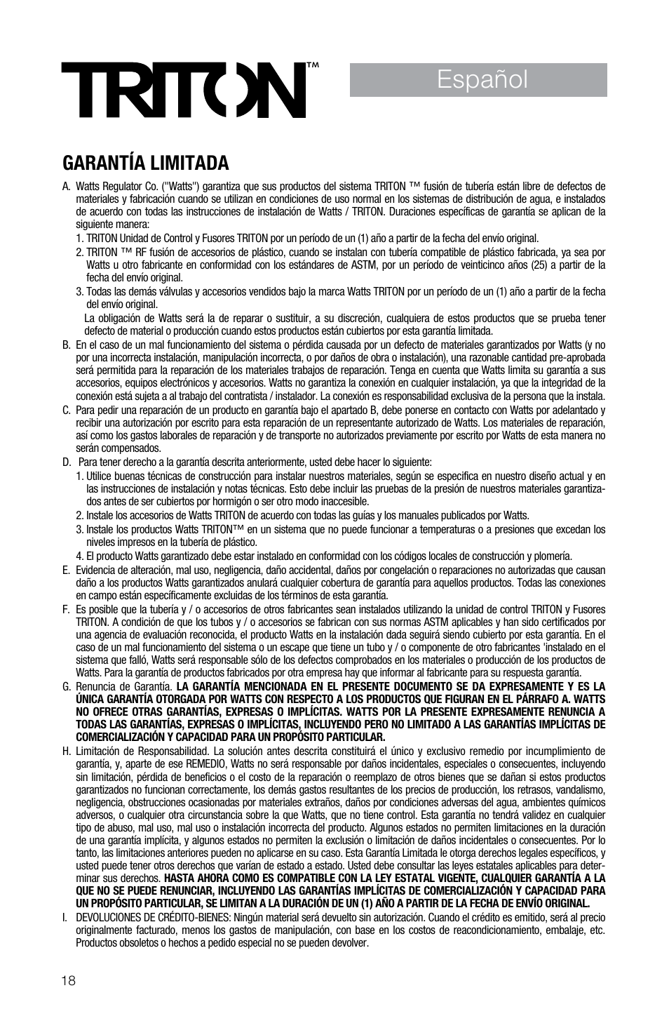 Español, Garantía limitada | Watts TRCU-M1 User Manual | Page 20 / 56