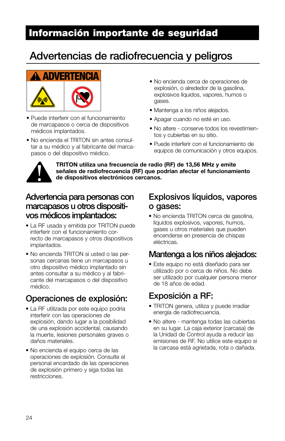 Advertencias de radiofrecuencia y peligros, Advertencia, Información importante de seguridad | Operaciones de explosión, Explosivos líquidos, vapores o gases, Mantenga a los niños alejados, Exposición a rf | Watts TRCU-M1 User Manual | Page 26 / 56
