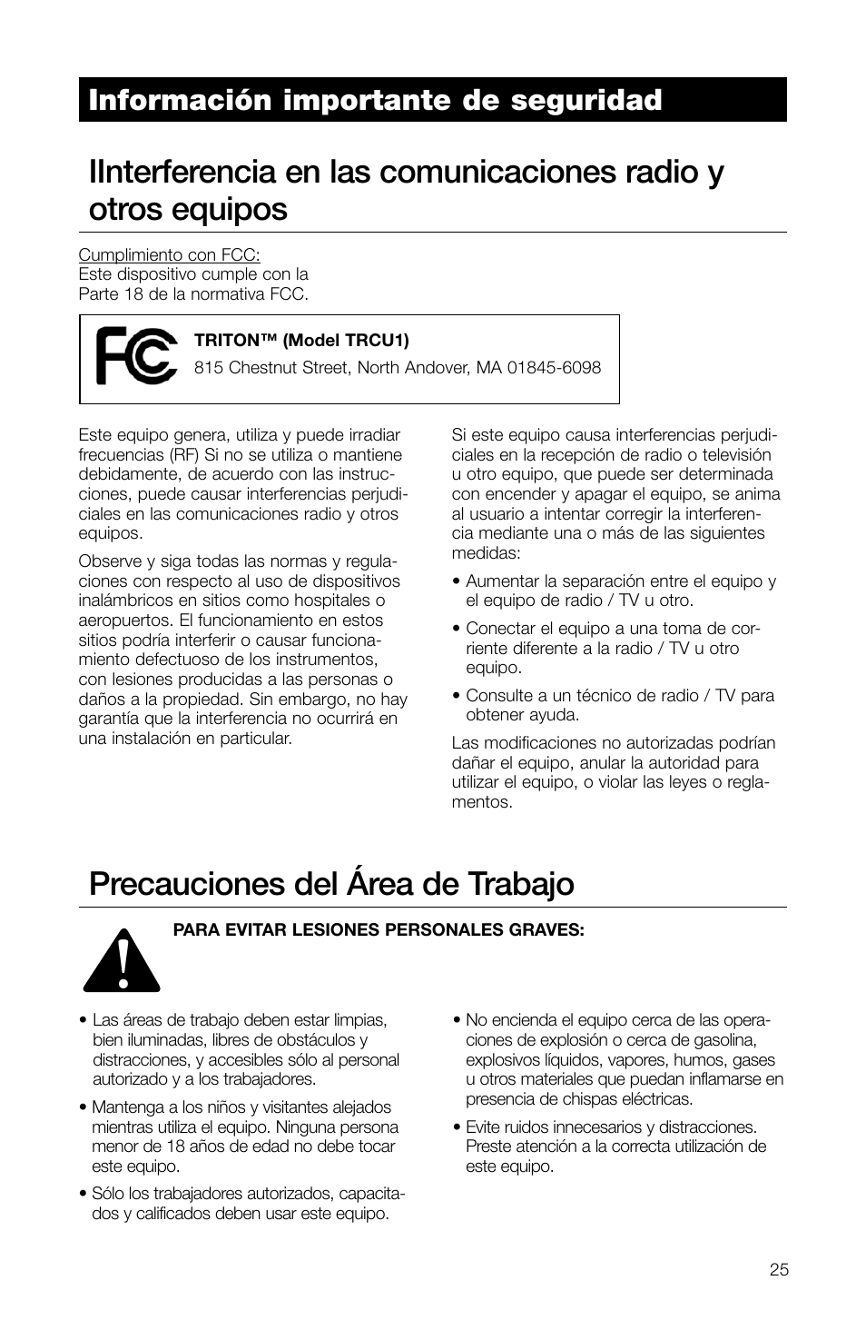 Precauciones del área de trabajo, Información importante de seguridad | Watts TRCU-M1 User Manual | Page 27 / 56