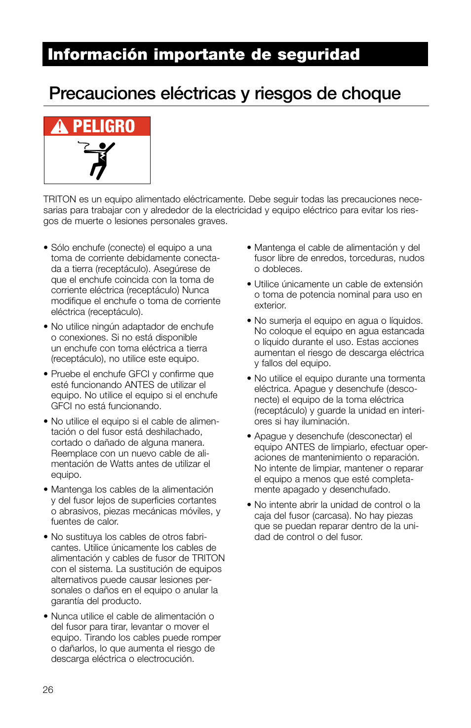 Precauciones eléctricas y riesgos de choque, Peligro, Información importante de seguridad | Watts TRCU-M1 User Manual | Page 28 / 56