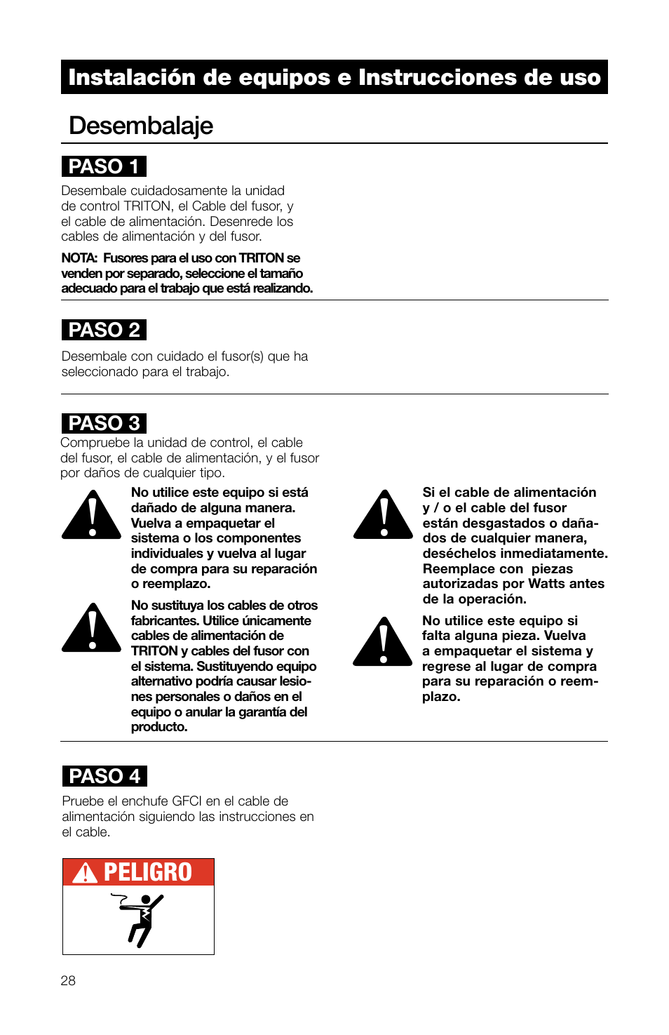 Desembalaje, Peligro, Instalación de equipos e instrucciones de uso | Watts TRCU-M1 User Manual | Page 30 / 56