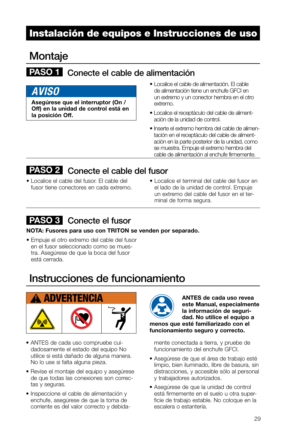 Montaje, Instrucciones de funcionamiento, Aviso | Advertencia, Instalación de equipos e instrucciones de uso, Conecte el cable de alimentación, Conecte el fusor, Conecte el cable del fusor, Paso 1 paso 2 paso 3 | Watts TRCU-M1 User Manual | Page 31 / 56