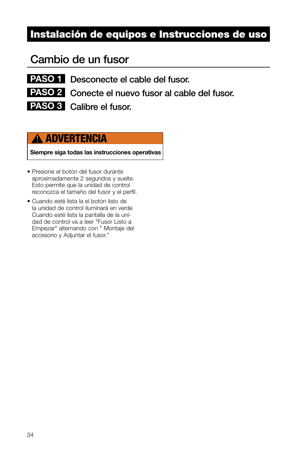 Cambio de un fusor, Advertencia, Instalación de equipos e instrucciones de uso | Paso 1 paso 2 paso 3 | Watts TRCU-M1 User Manual | Page 36 / 56