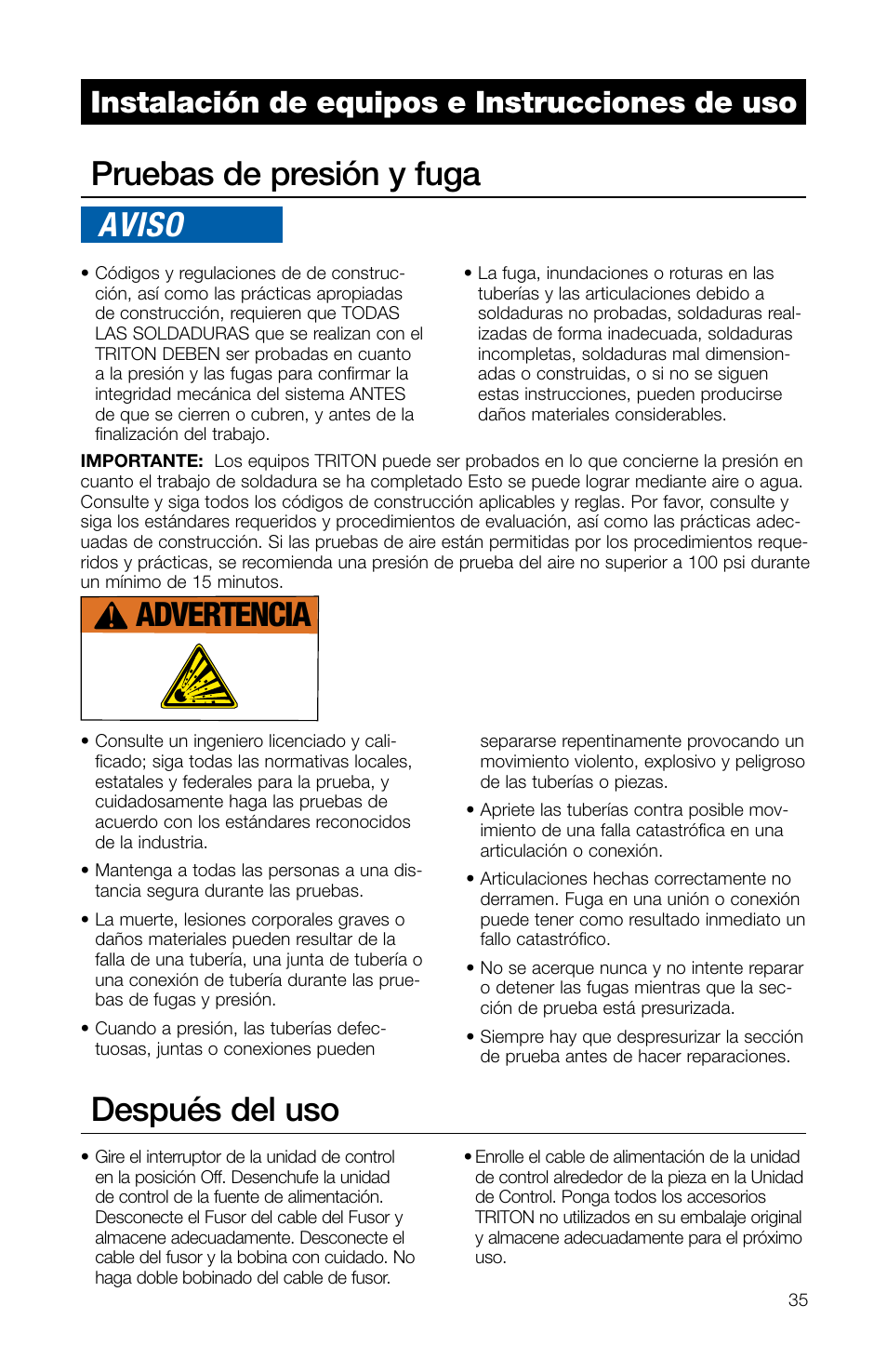 Pruebas de presión y fuga después del uso, Advertencia, Aviso | Instalación de equipos e instrucciones de uso | Watts TRCU-M1 User Manual | Page 37 / 56