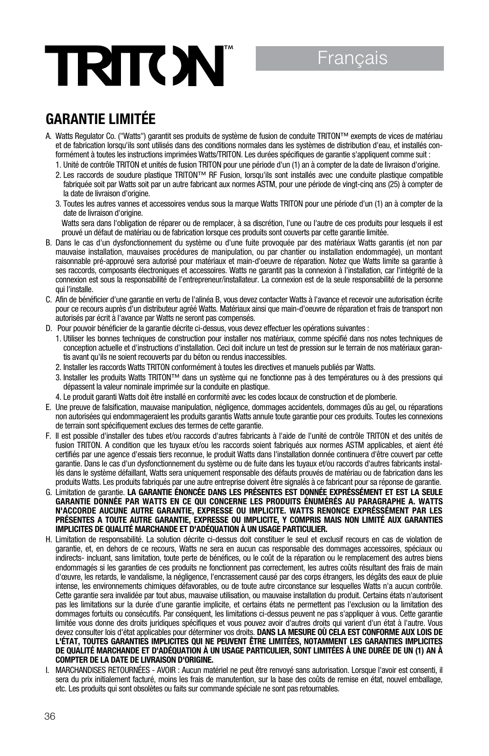 Français, Garantie limitée | Watts TRCU-M1 User Manual | Page 38 / 56