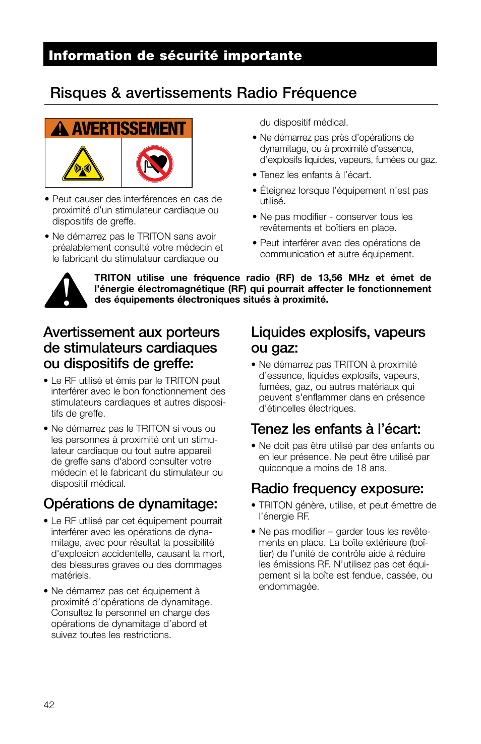 Avertissement, Risques & avertissements radio fréquence, Opérations de dynamitage | Liquides explosifs, vapeurs ou gaz, Tenez les enfants à l’écart, Radio frequency exposure, Information de sécurité importante | Watts TRCU-M1 User Manual | Page 44 / 56