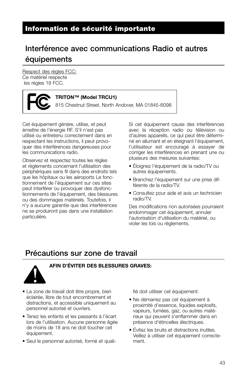 Précautions sur zone de travail, Information de sécurité importante | Watts TRCU-M1 User Manual | Page 45 / 56