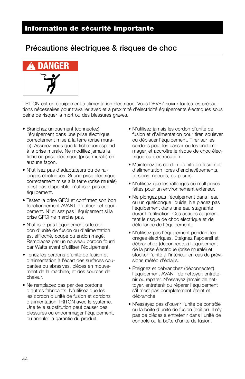 Danger, Précautions électriques & risques de choc, Information de sécurité importante | Watts TRCU-M1 User Manual | Page 46 / 56