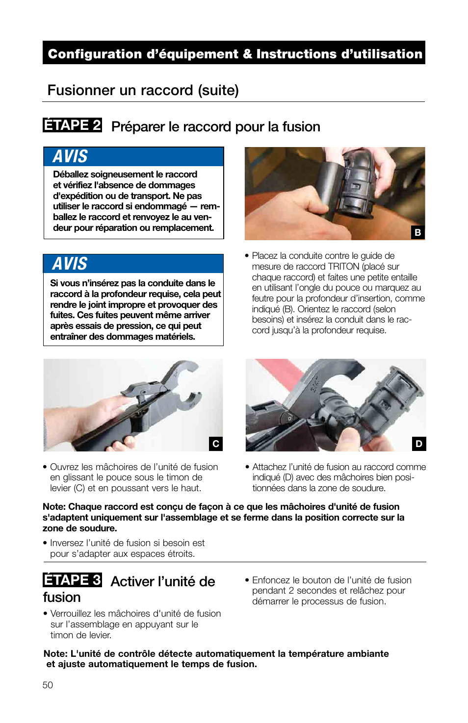 Avis, Fusionner un raccord (suite), Activer l’unité de fusion | Préparer le raccord pour la fusion, Étape 2 étape 3 | Watts TRCU-M1 User Manual | Page 52 / 56