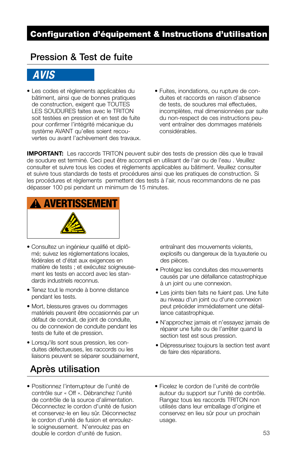 Avertissement, Avis, Pression & test de fuite après utilisation | Watts TRCU-M1 User Manual | Page 55 / 56