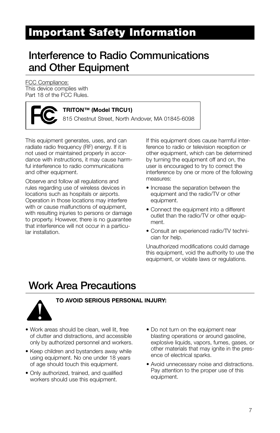 Important safety information work area precautions | Watts TRCU-M1 User Manual | Page 9 / 56