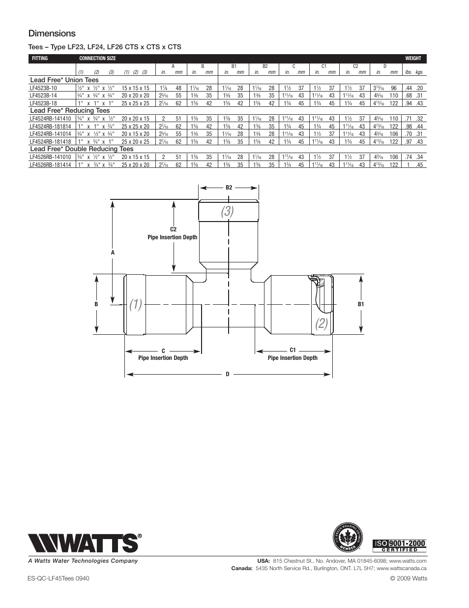 Dimensions, Lead free* union tees, Lead free* reducing tees | Lead free* double reducing tees | Watts LF4526RB User Manual | Page 2 / 2