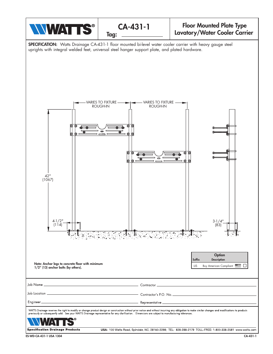 Watts CA-431-1 User Manual | 1 page