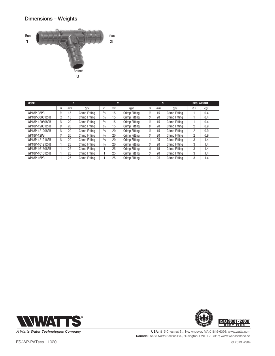 Dimensions – weights | Watts WP18P-16PB User Manual | Page 2 / 2