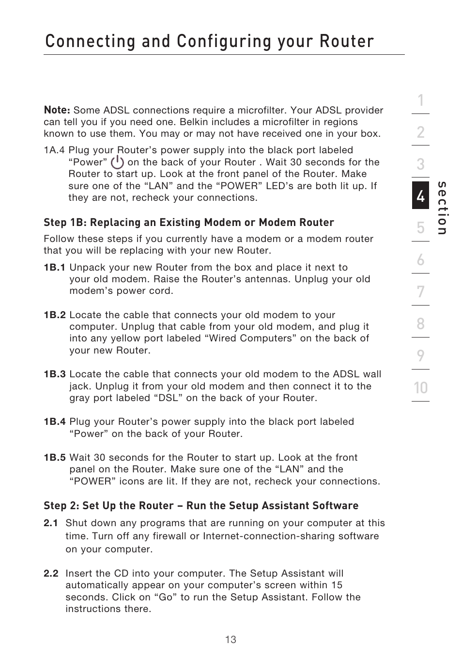 Connecting and configuring your router, Se ct io n | Belkin F5D9630-4 User Manual | Page 15 / 88