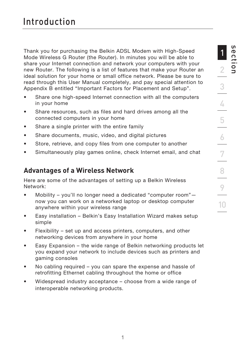 Introduction, Se ct io n | Belkin F5D9630-4 User Manual | Page 3 / 88