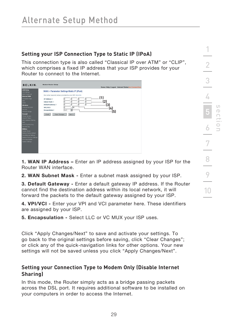 Alternate setup method, Se ct io n | Belkin F5D9630-4 User Manual | Page 31 / 88