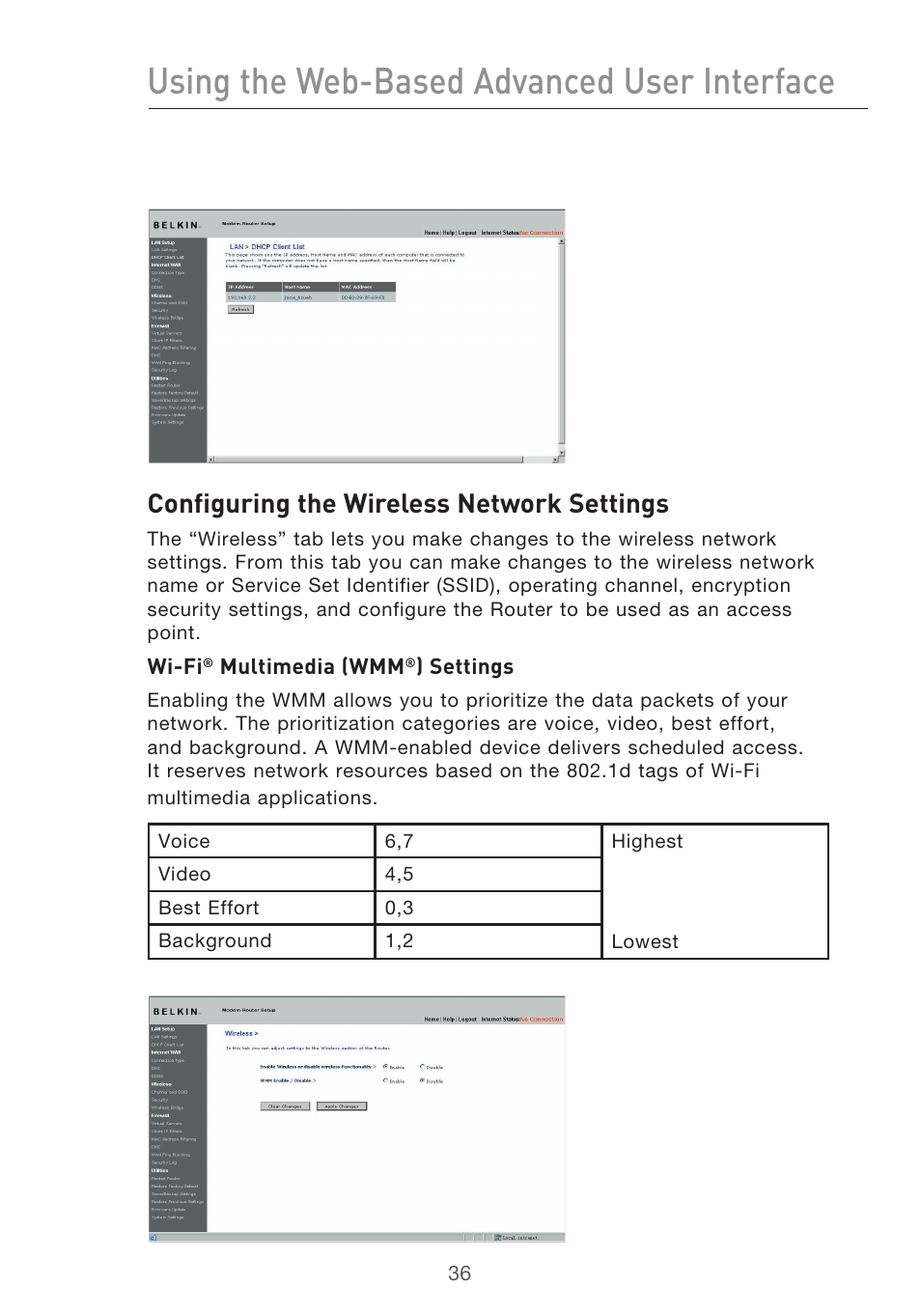 Using the web-based advanced user interface, Configuring the wireless network settings | Belkin F5D9630-4 User Manual | Page 38 / 88