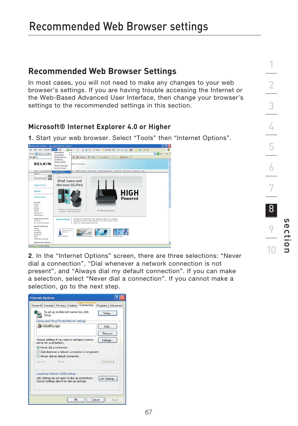 Recommended web browser settings | Belkin F5D9630-4 User Manual | Page 69 / 88