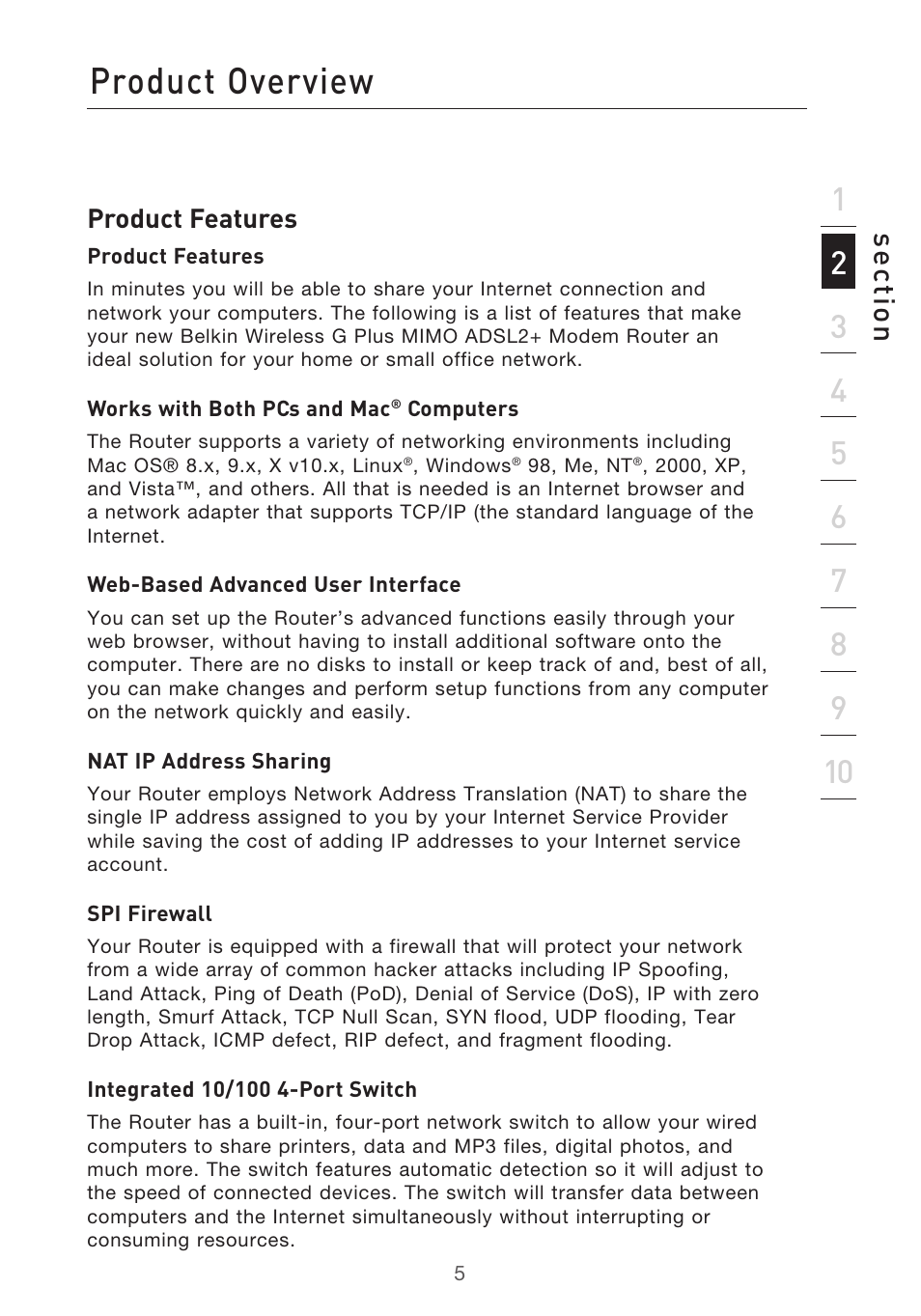 Product overview, Se ct io n | Belkin F5D9630-4 User Manual | Page 7 / 88