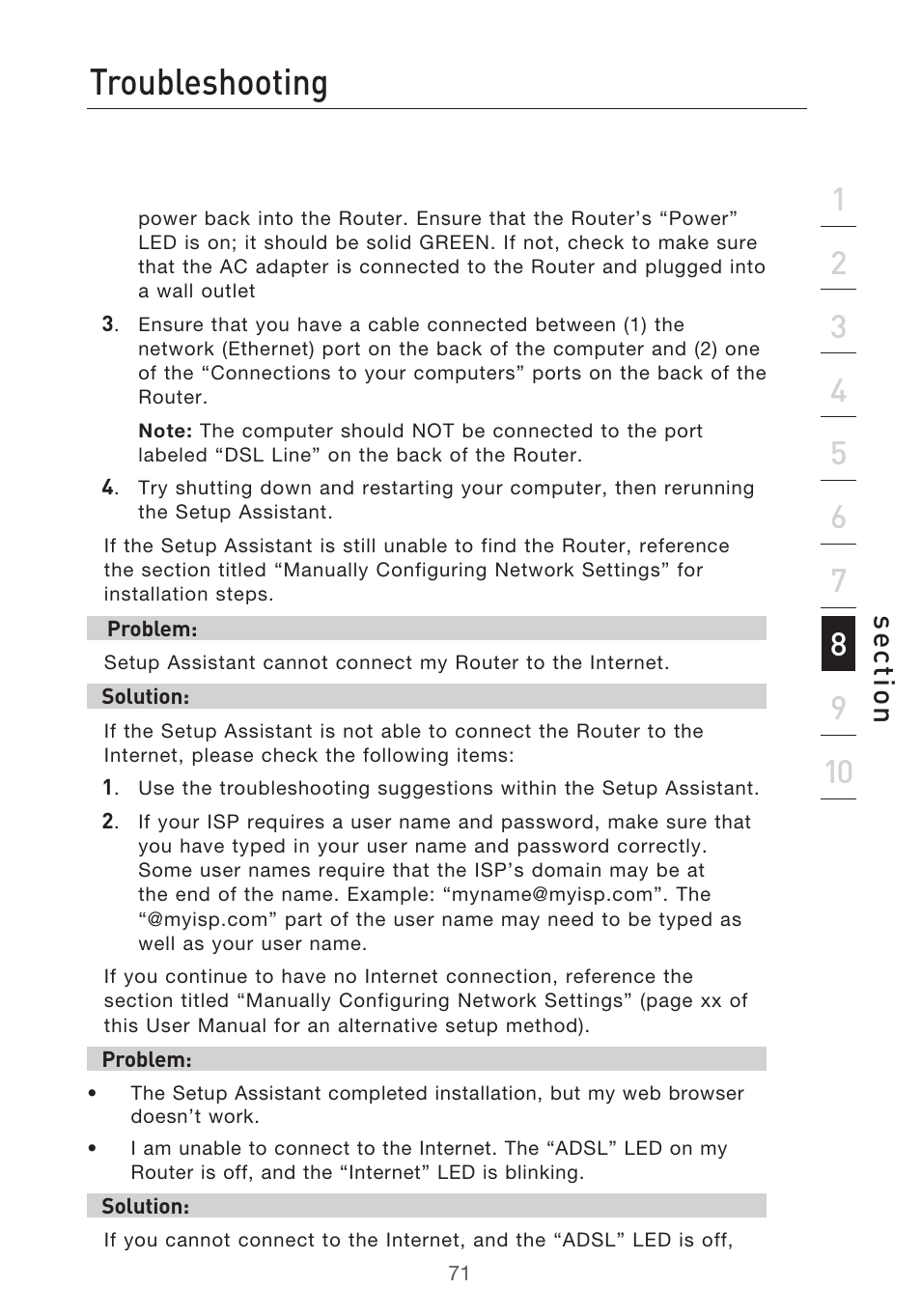 Troubleshooting, Se ct io n | Belkin F5D9630-4 User Manual | Page 73 / 88