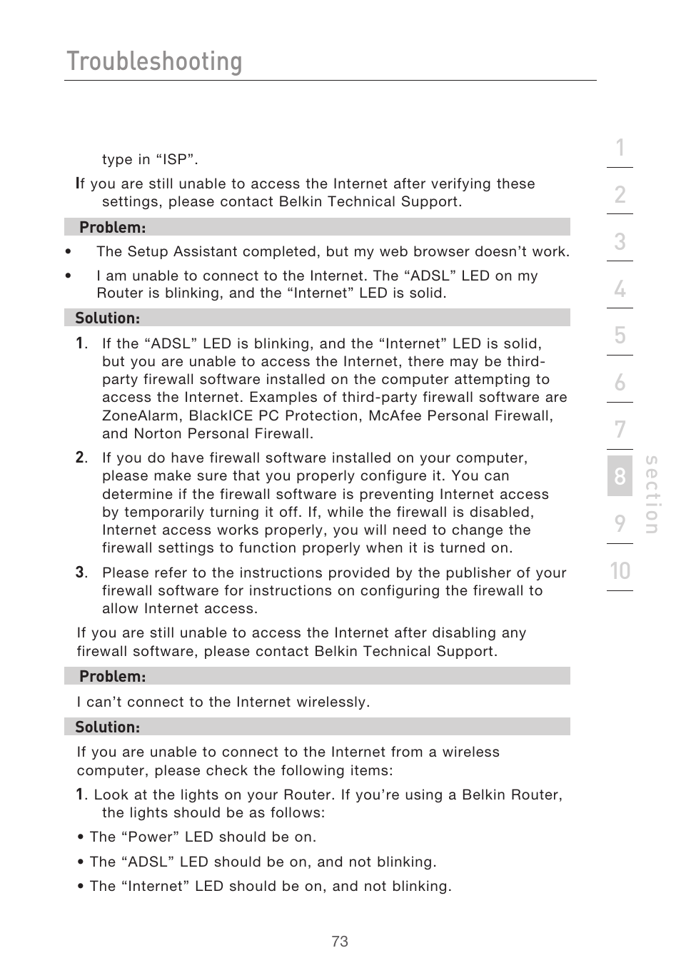 Troubleshooting, Se ct io n | Belkin F5D9630-4 User Manual | Page 75 / 88