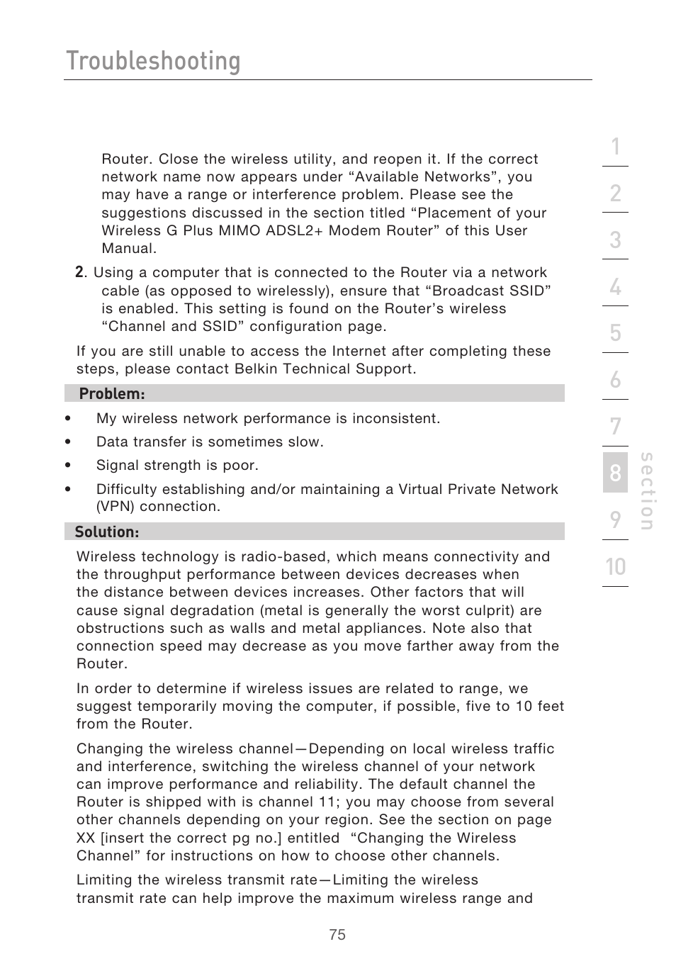 Troubleshooting, Se ct io n | Belkin F5D9630-4 User Manual | Page 77 / 88