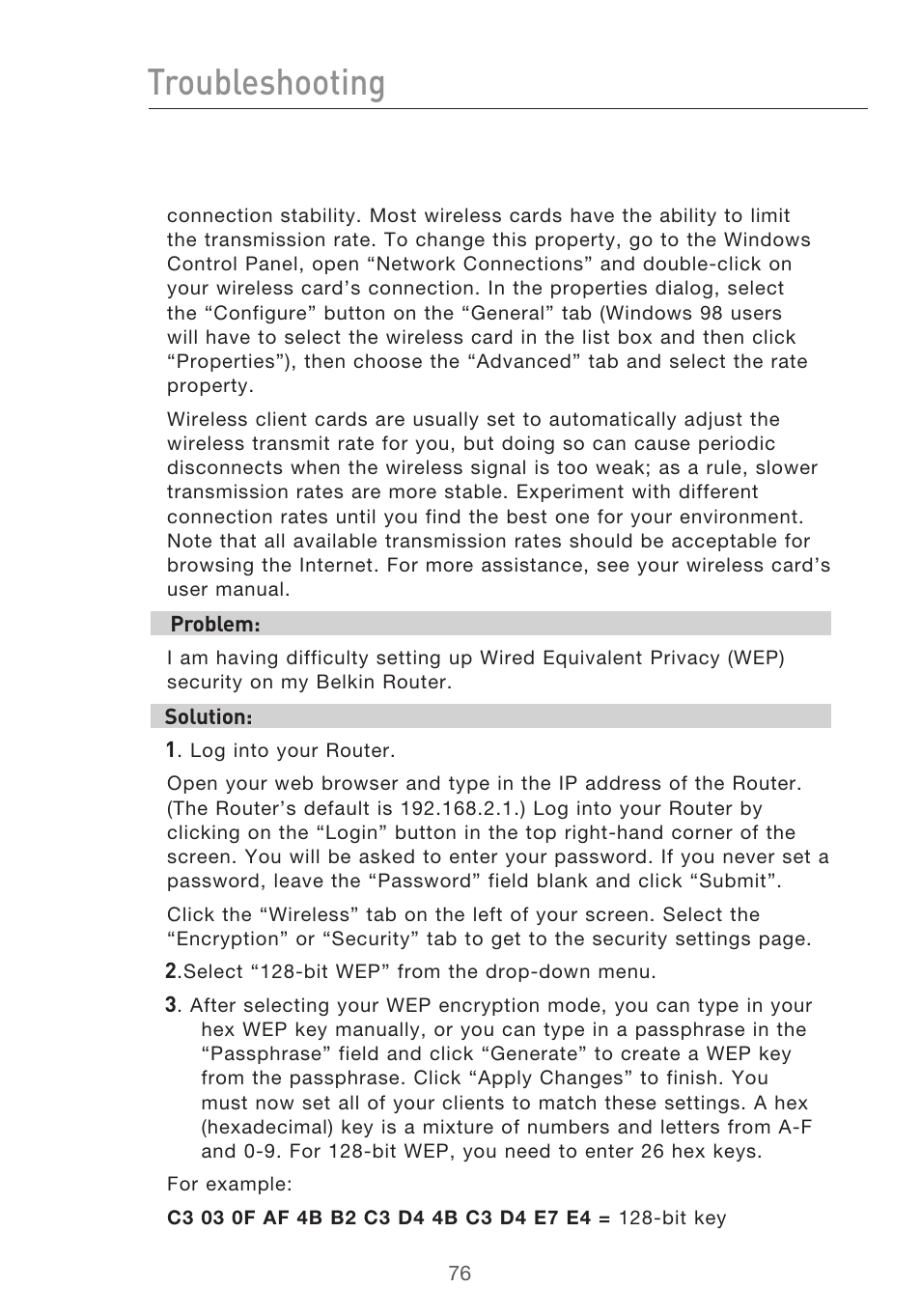 Troubleshooting | Belkin F5D9630-4 User Manual | Page 78 / 88